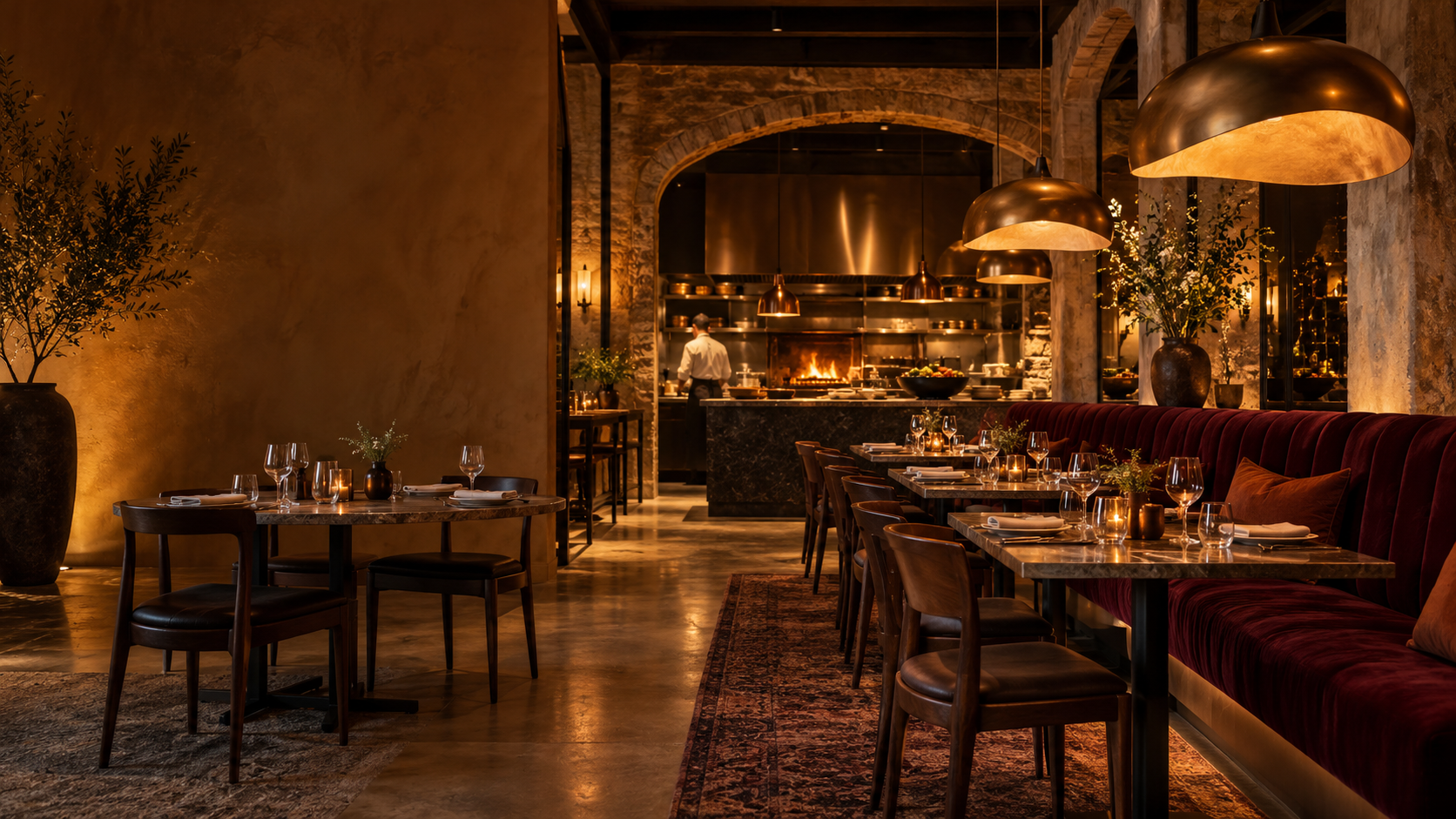 Illustrative intimate dining room at a fictional contemporary restaurant
